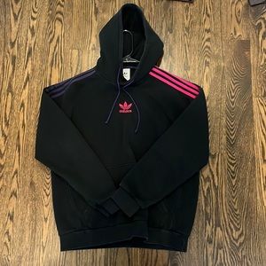 Black, Pink, and Purple Adidas Hoodies.